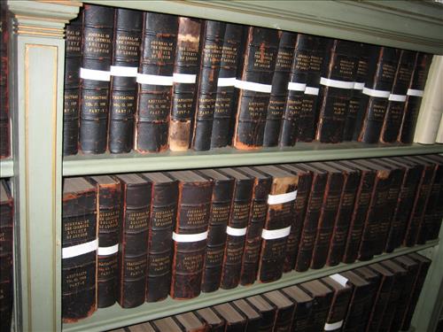 2011 Images of deteriorating books in Thomas Edison's personal library of books in the Family Living Room of his home, Glenmont.