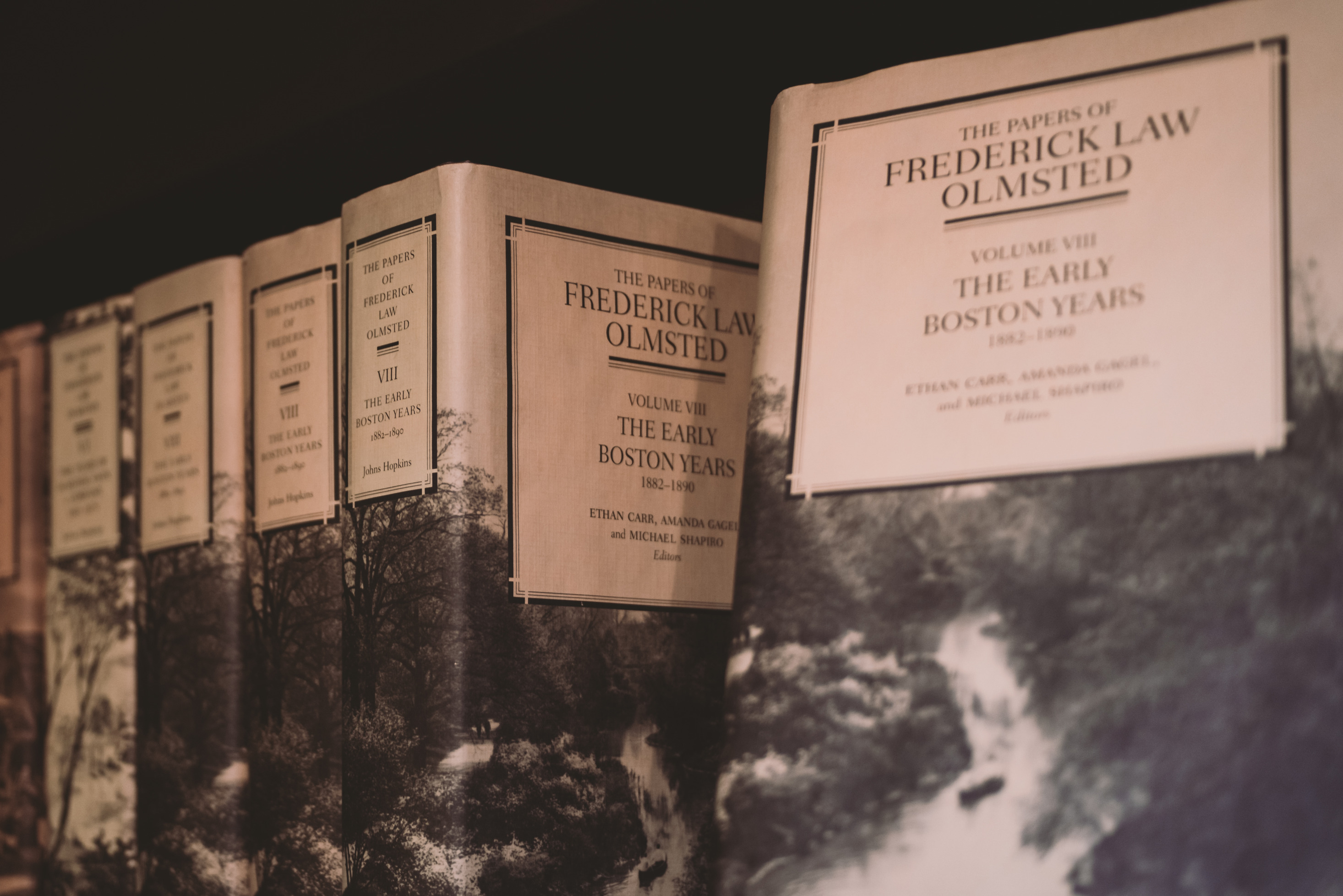 The book "The Papers of Frederick Law Olmsted, Volume VIII The Early Boston Years" on shelf