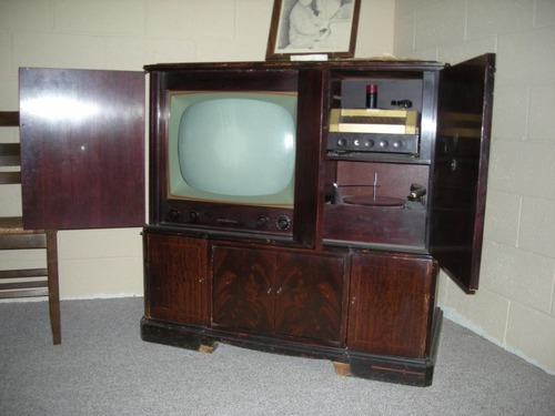 Television console, with stereo receiver and phonograph.