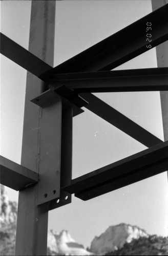 Close up of cross beams during construction of headquarters addition.