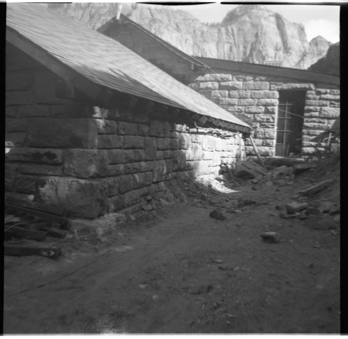 BW photo of rock slide in the maintenance yard.