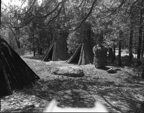 Native American structures in the Wildflower Garden, Yosemite Valley. Consider for Exhibit Item 2-51.