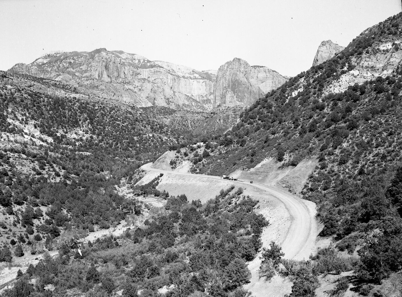 20-mule team and wagon lead by Jean DeHaven traveling on Taylor Creek Road. Group en route from Death Valley to Wessington, South Dakota. Trip taken in commemoration of the National Park Service's 50th Anniversary.