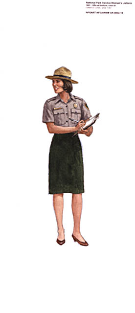 Female National Park Service (NPS) Ranger holding a clipboard and wearing a 1990s Class B uniform with a skirt and straw hat.