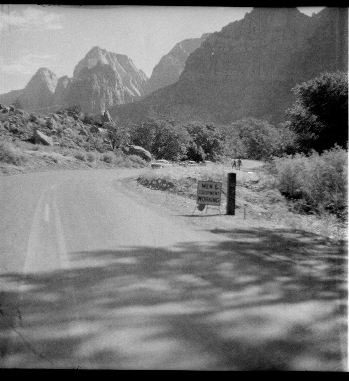 Road sign on new Highway 1 (State Route 9) 'men and equipment working'. Between South Entrance and Virgin River Bridge at Canyon Junction.