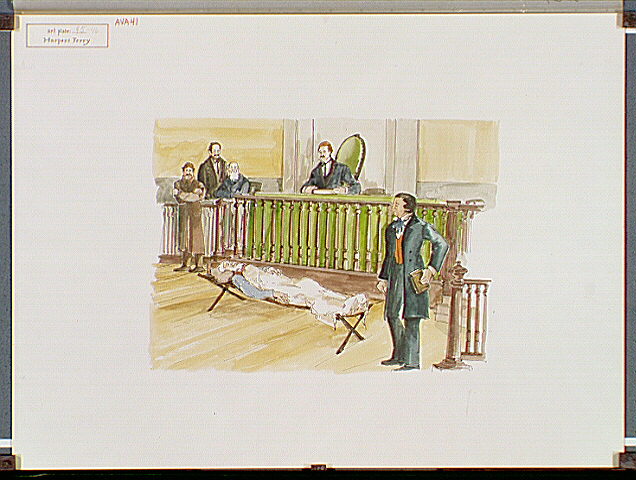John Brown lying on cot inside the courtroom with his lawyer standing by his side and Judge Parker looking on.