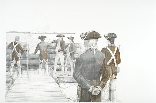 American troops in the Northeast bastion of Fort Stanwix observing the British artillery battery.