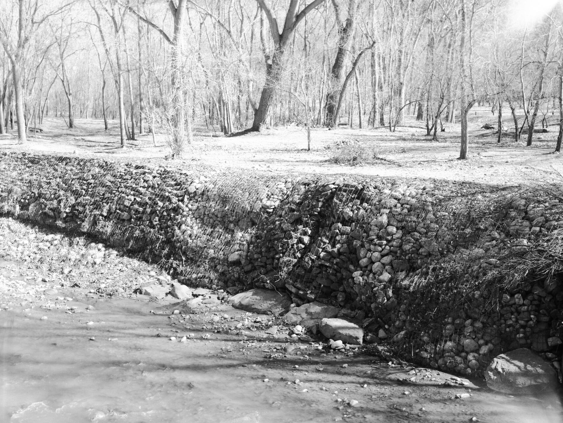 Flood protection - wall and basket work.