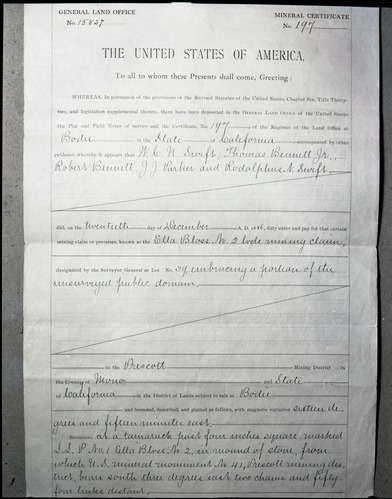 Document pertaining to the Tioga Mines. Originals in the Yosemite collection. See also RL-13,130-13,145