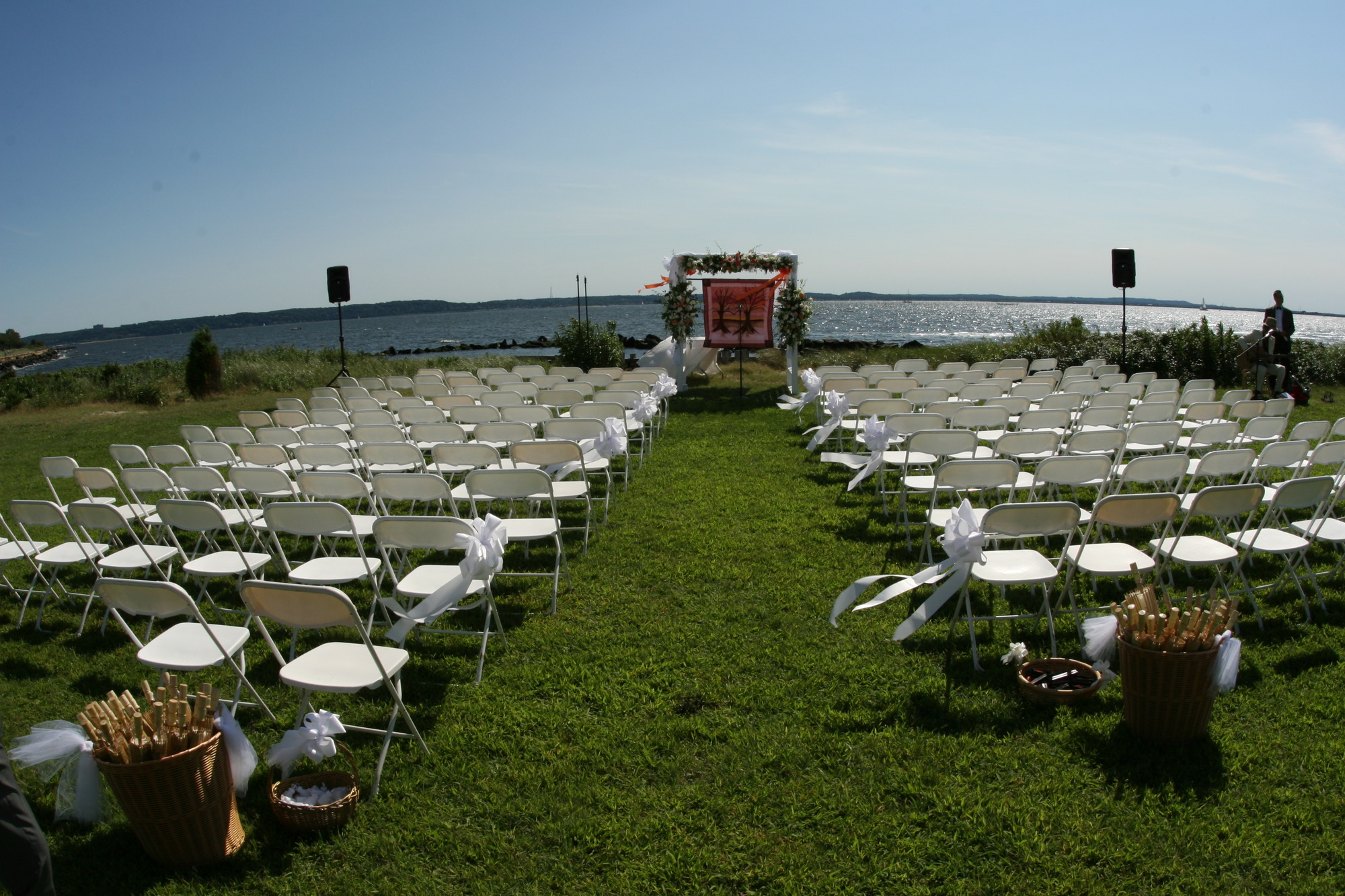 Chairs and alter in front of water