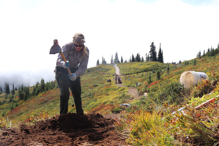 A park employee uses a hand tool on a dirt trail.