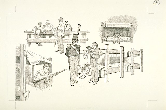 Series of vignettes depicts life in the Enlisted Men's Barracks including recreational time (games, letter writing, reading), and cleaning of weapons. Central vignette depicts a young recruit changing into his uniform while a Sergeant watches.