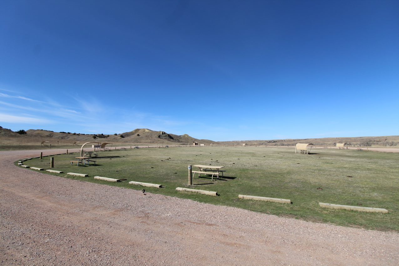 a grassy expanse with picnic tables and prairie dog mounds surrounded by a dirt-gravel road