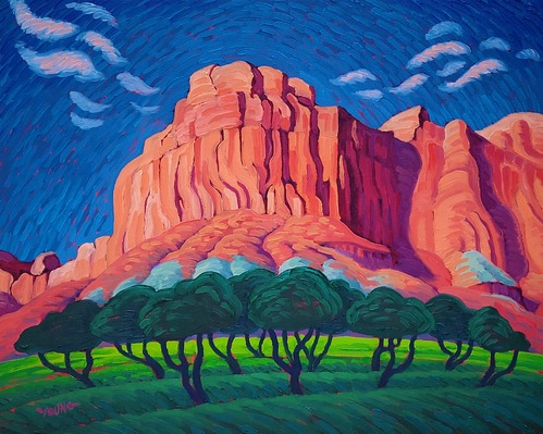 Painting depicting fruit orchards with red sandstone cliff in the background