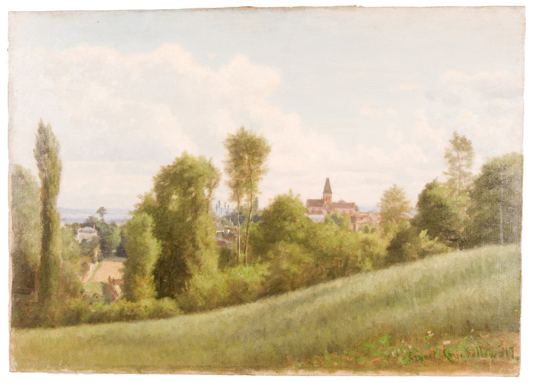 Oil painting landscape of hill with village in distance