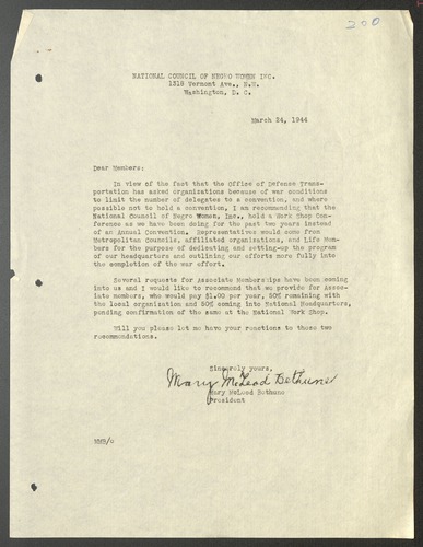 National Council of Negro Women correspondence, March - September 1944