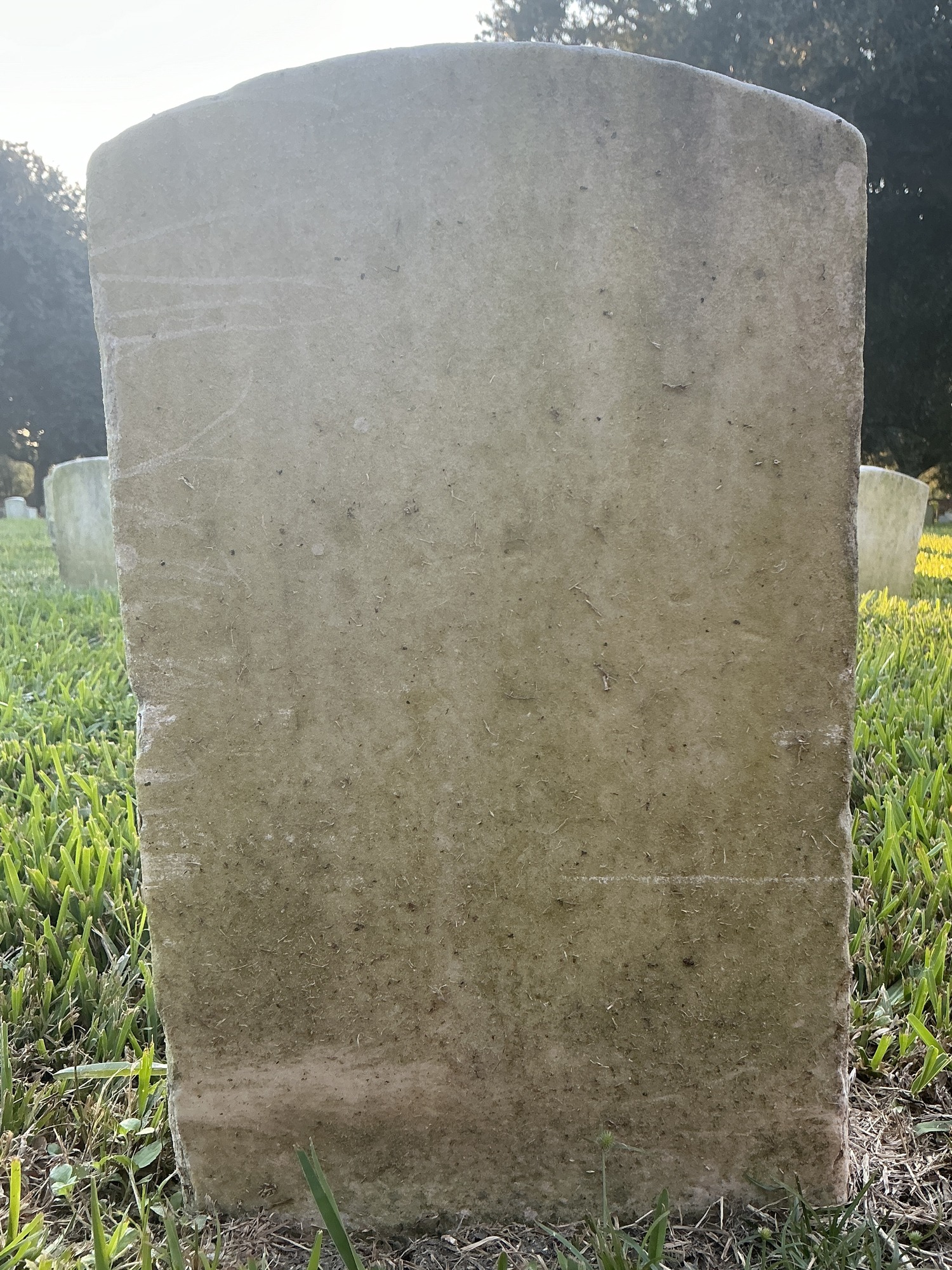 Back of historic upright marble headstone with recessed shield face.