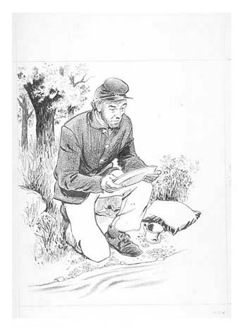 Scene depicts a Union soldier discovering gold while washing dishes near Great Falls.