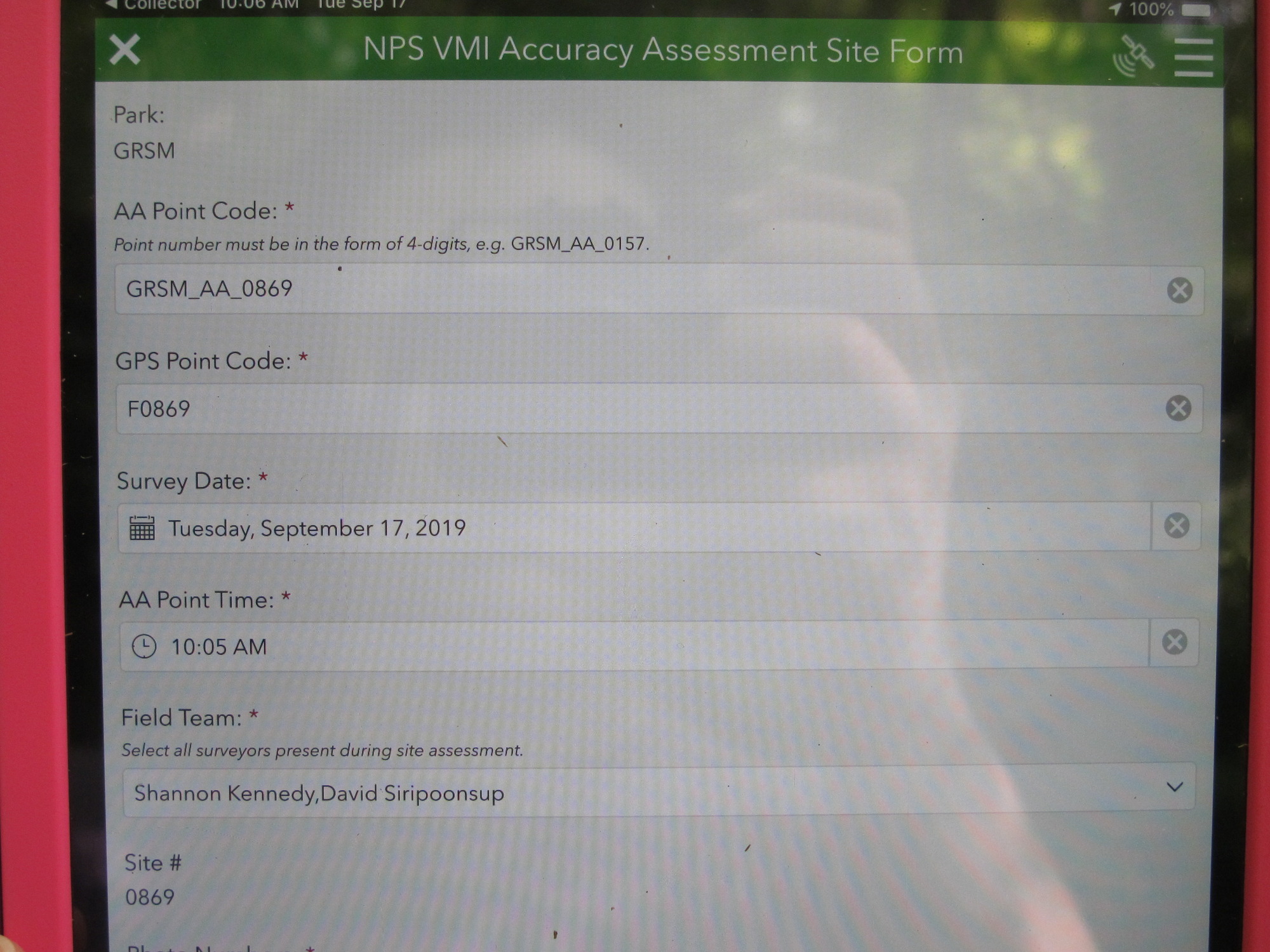 GRSM Accuracy Assessment. Plot Code: GRSM_AA_0869_1