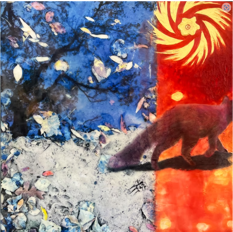A mixed media composition with the blue reflection of sky and trees in water along a sandy shore. A red painted fox against a bright red background stepping off of the sand. 