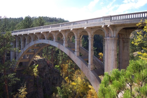 an arching concrete bridge spanning a small forest canyon