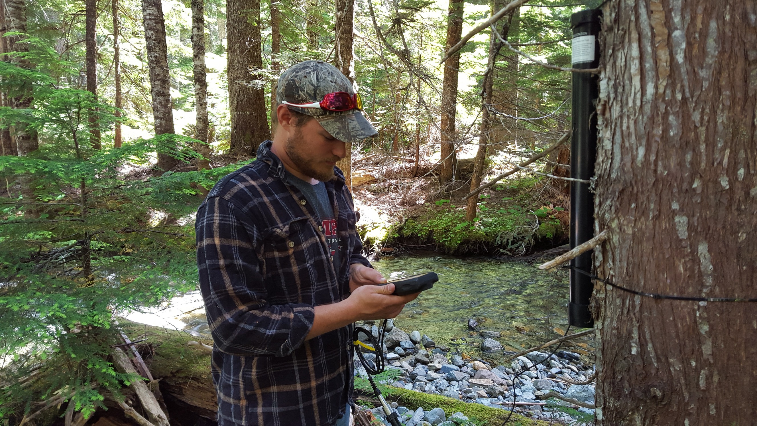 a young man in plaid stands by a stream in a wooded forest and holds an electronic gadget