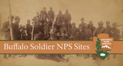 Photo of a group of Buffalo Soldiers posing, with a text banner and National Park Service arrowhead in front of it.