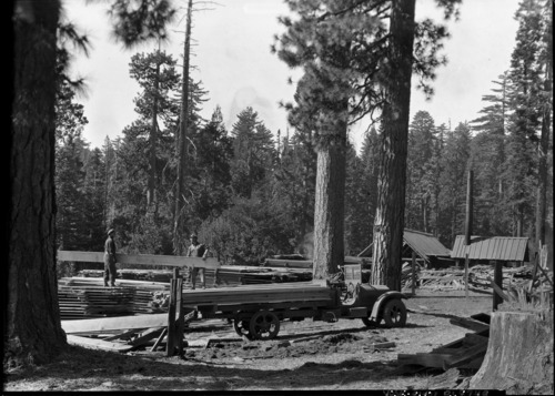 Loading lumber at the Hazel Green Sawmill. [Lumber possibly used for beams for the Ahwahnee Hotel.]