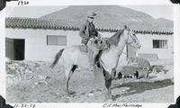 This is an historic black and white photograph from the Scotty's Castle Historic Photograph Collection, Death Valley National Park of man in cowboy hat, vest, jacket and high boots on bay colored horse.  Saddle has tapaderos and braided rawhide rope coiled and tied to saddle. Head stall decorated with silver conchos down length. Standing if front of long stucco building with Spanish tile roof. Several pigs and two dogs between building and horse. Inscriptions in black ink along upper and lower border.