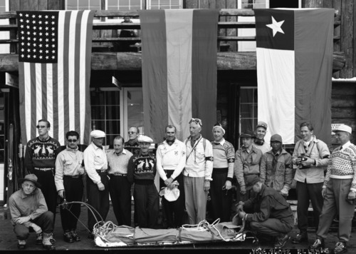 South Americans and National Ski Patrol on the porch at Badger Pass.