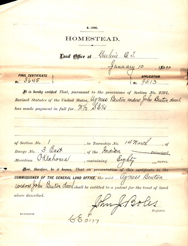 Yellowing scanned Homesteading case file. Transcribed text from the scan is found in the image description. Shadowing shows where the document was folded in three parts.