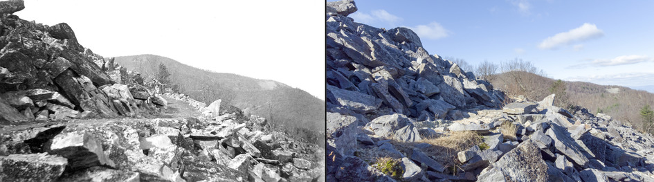 A side by side comparison of a black and white historical photograph and a modern color photograph. Each photograph shows a trail cutting through a rocky slope with mountains in the distance. 