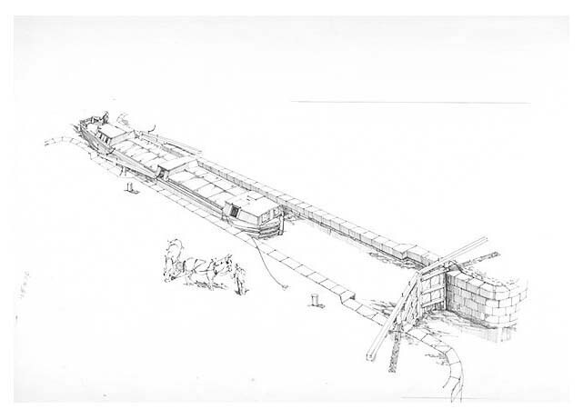 This illustration shows the upper sluice valves opened and the water in the lock raised to the level of the upstream canal The upper gates are opened and the canal boat enters the lock.