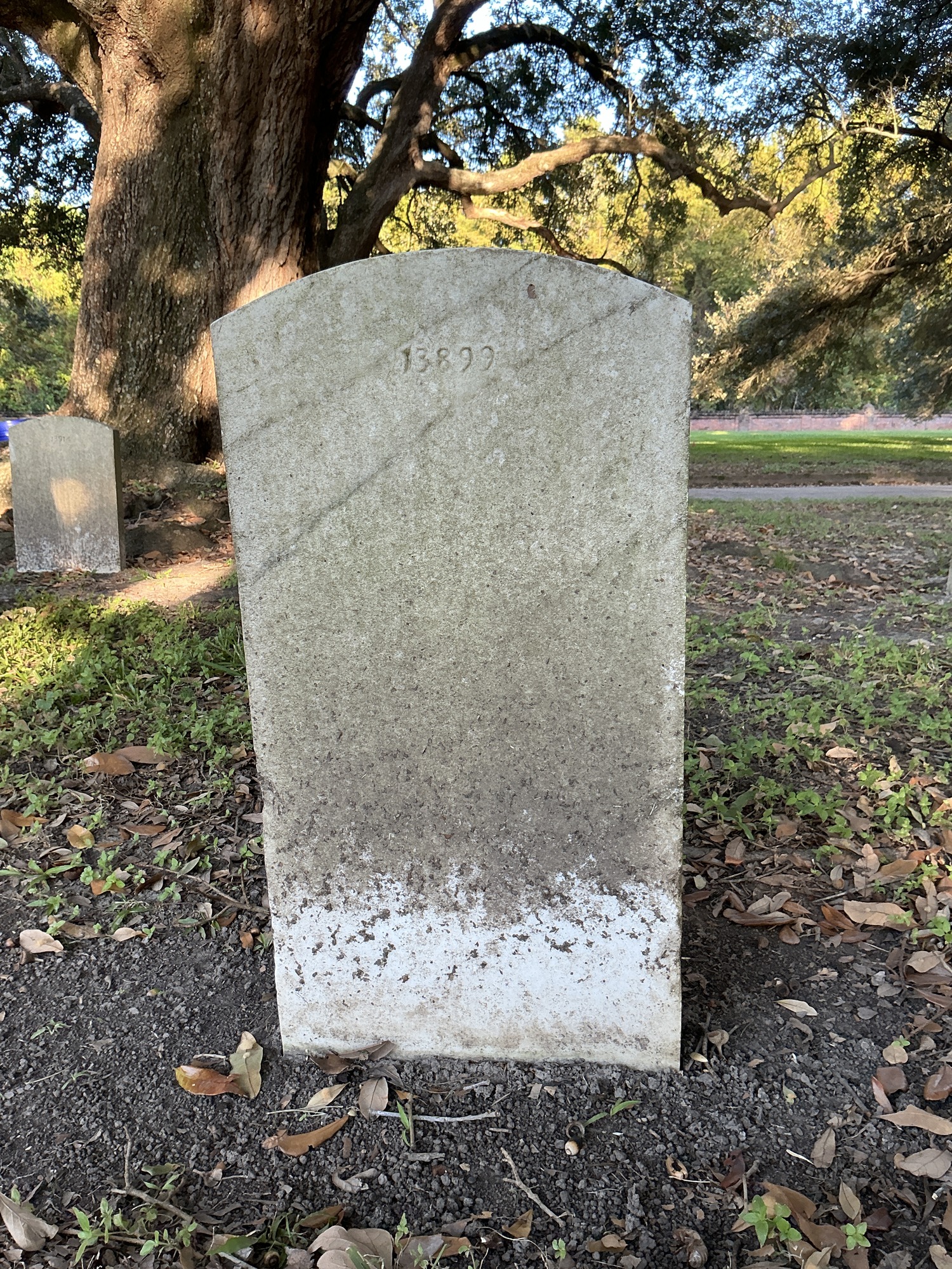 Back of upright marble headstone with flat face.