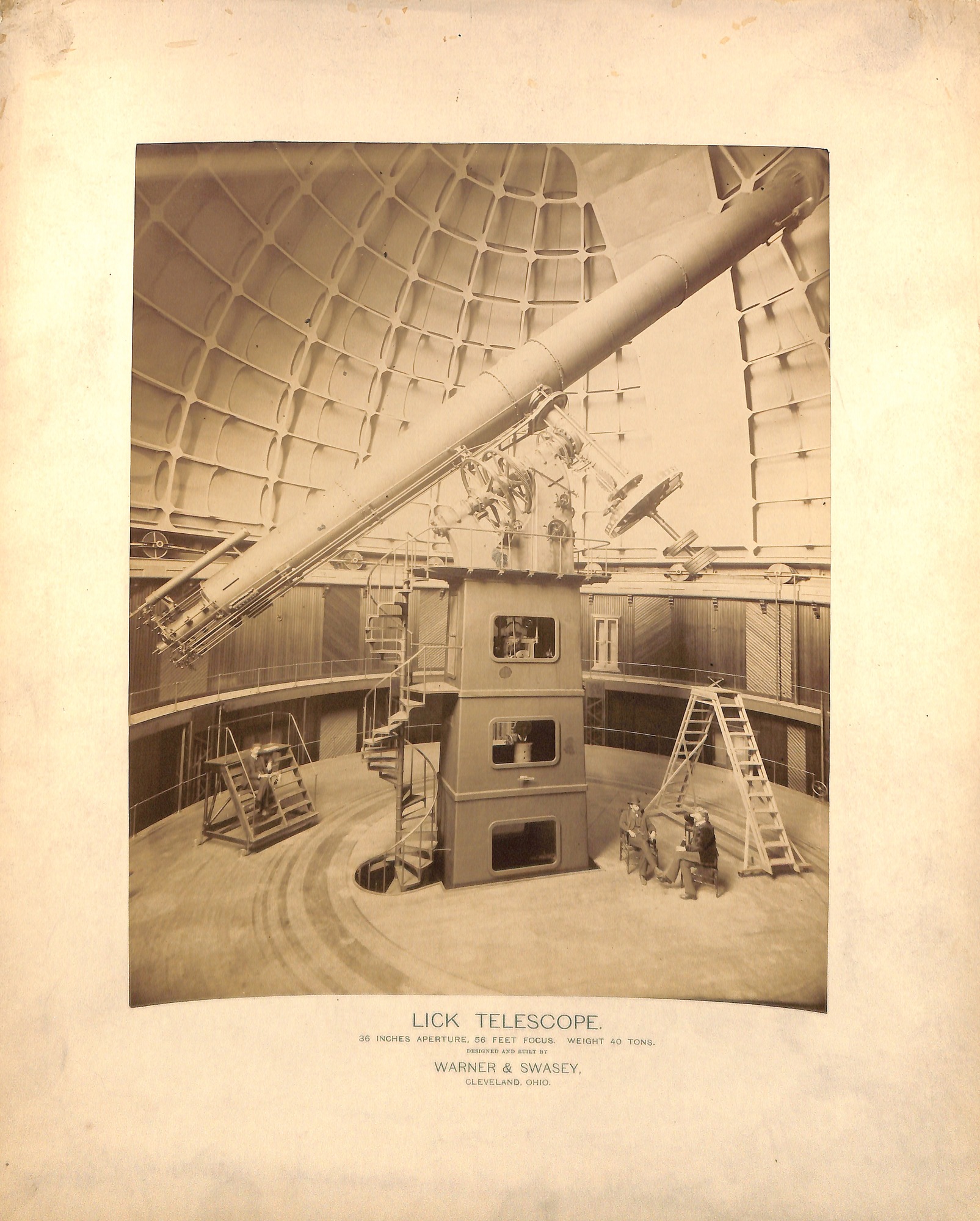 Lick Telescope, 36 inch aperture, 56 feet focus, weight 40 tons - designed and built by Warner & Swasey, Cleveland, Ohio.