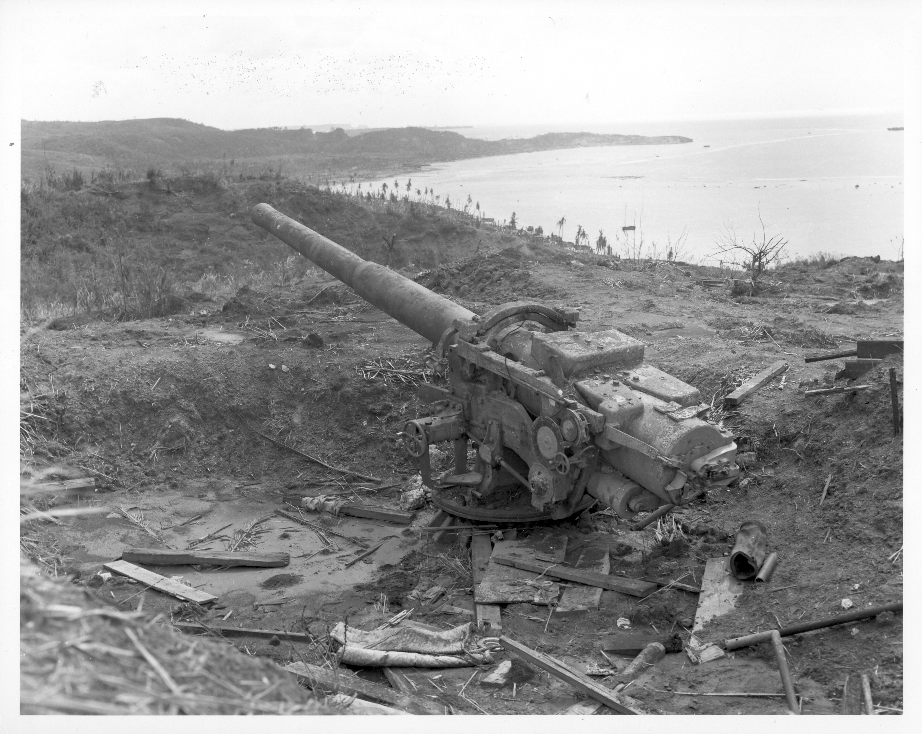 A long, stationary gun on a cliff facing the beach. The ground around it is badly disturbed.