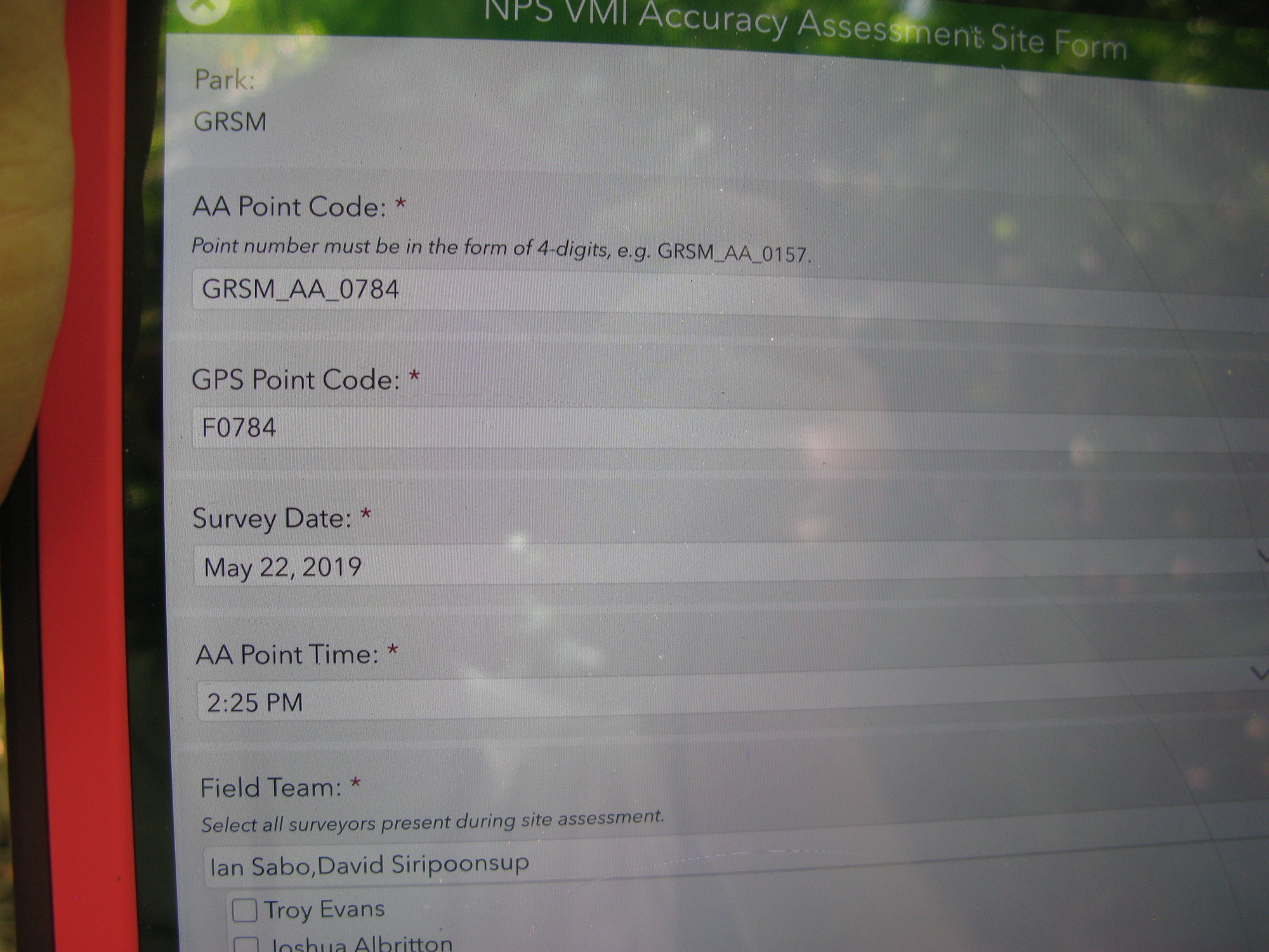 GRSM Accuracy Assessment. Plot Code: GRSM_AA_0784_1