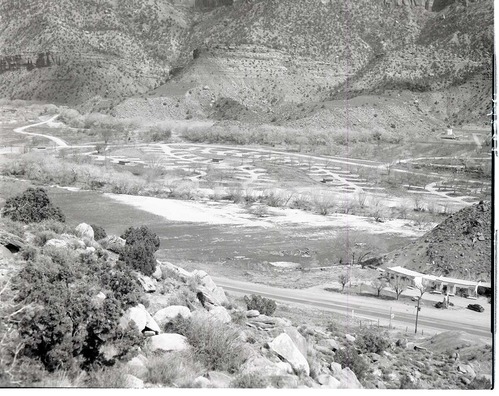 New Watchman Campground from hills on west side of Zion Canyon.