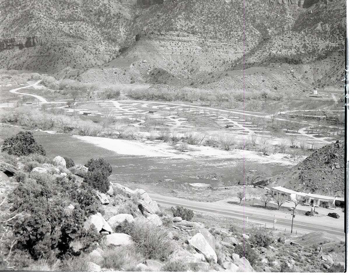 New Watchman Campground from hills on west side of Zion Canyon.