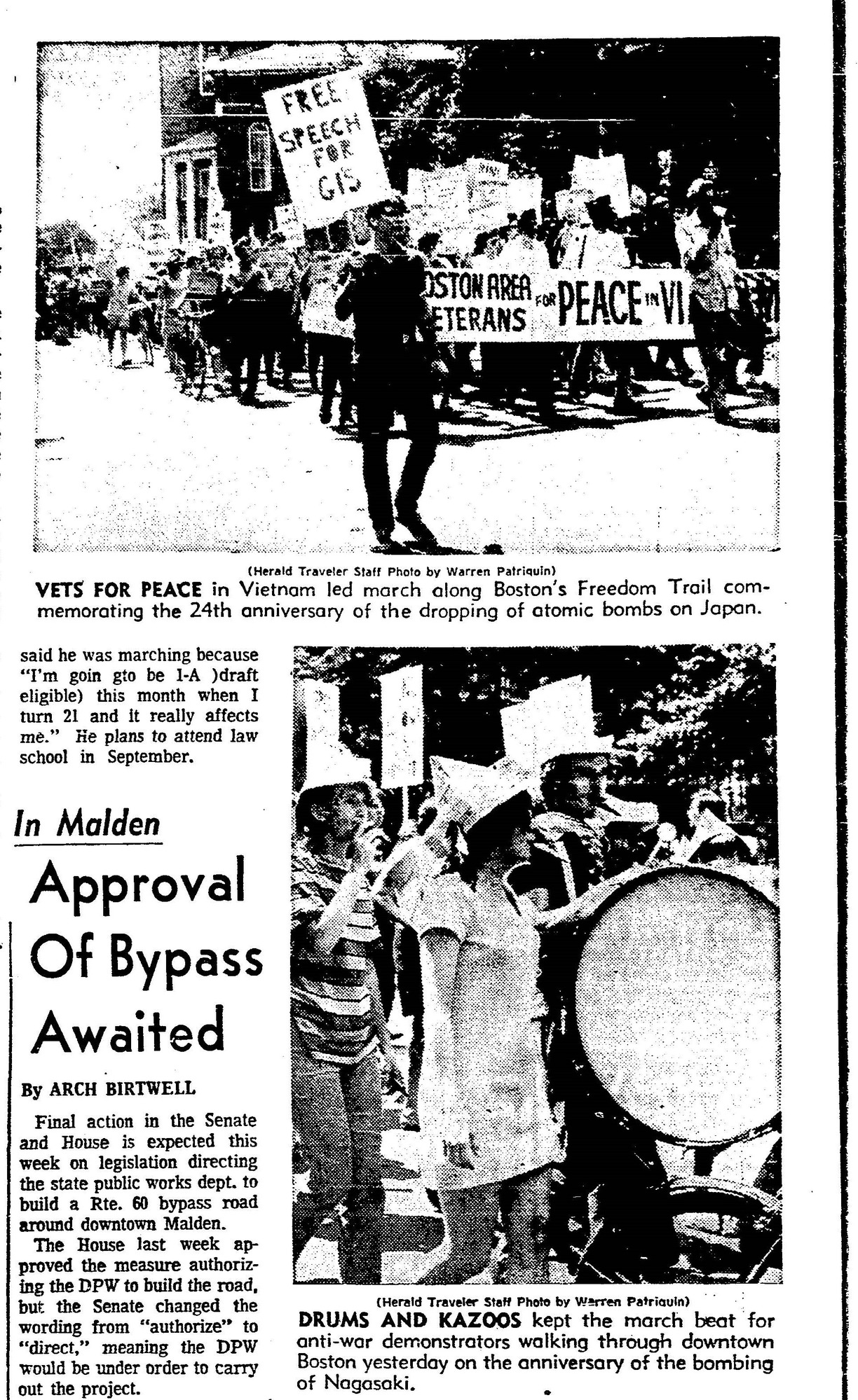 Newspaper image titled "Vets for Peace" of protestors walking the Freedom Trail. 