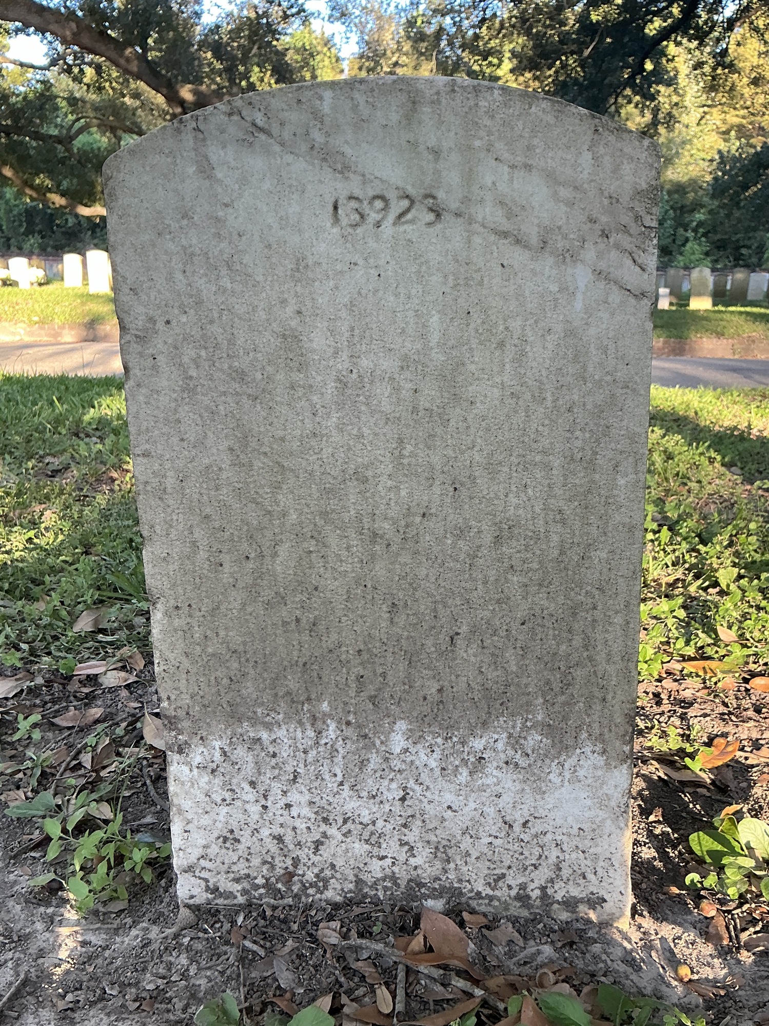 Back of upright marble headstone with flat face.