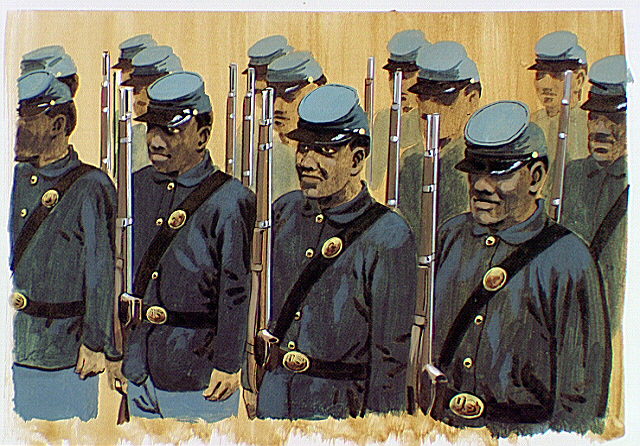 African American troops in close order drill training. The first locally recruited Black troops of the Union Army were trained at Fort Scott.