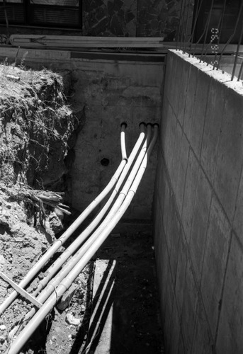 Group of pipes during construction of headquarters addition.