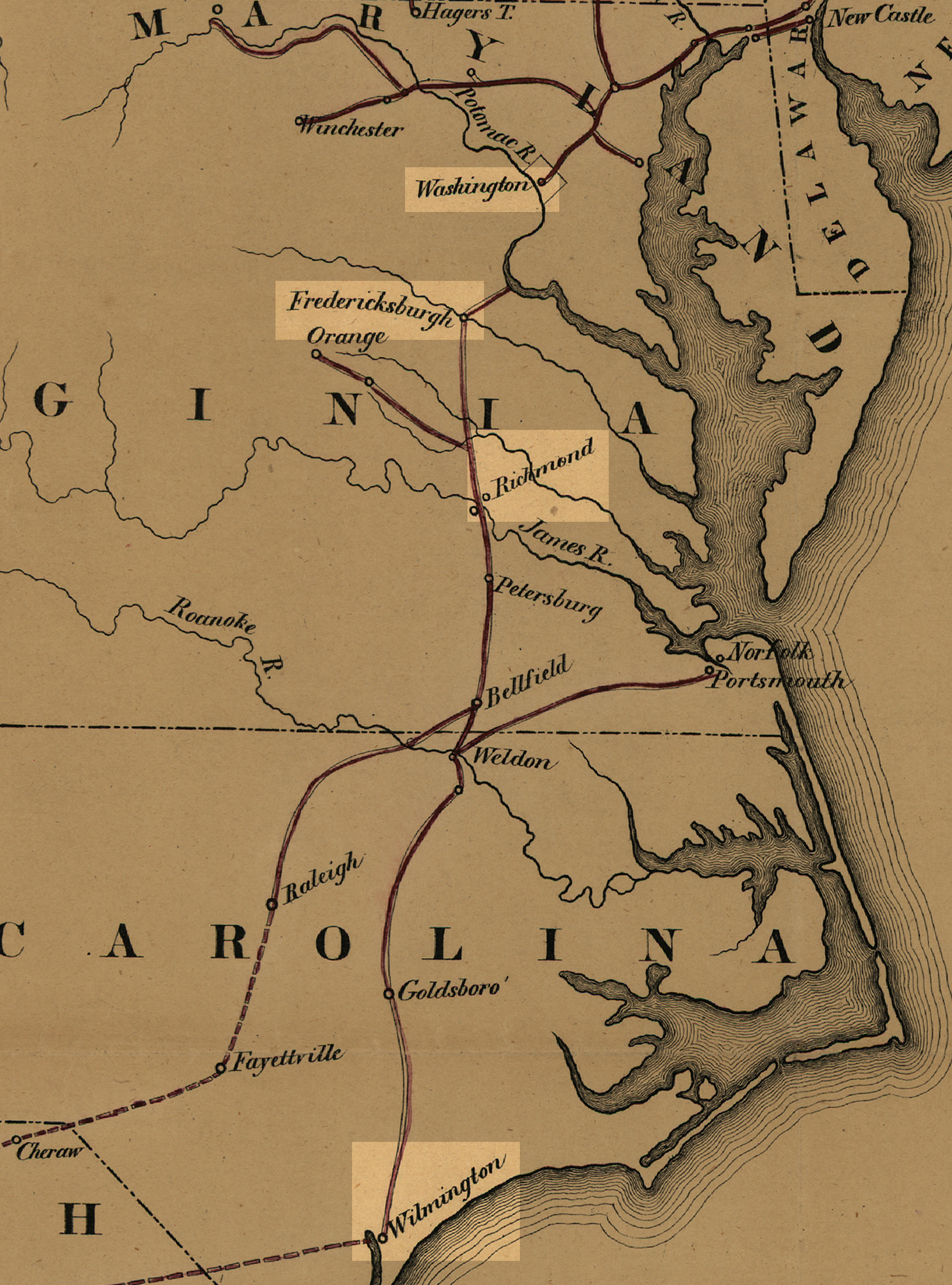 Skeleton Map of railroad lines from Wilmington, North Carolina to Washington D.C.