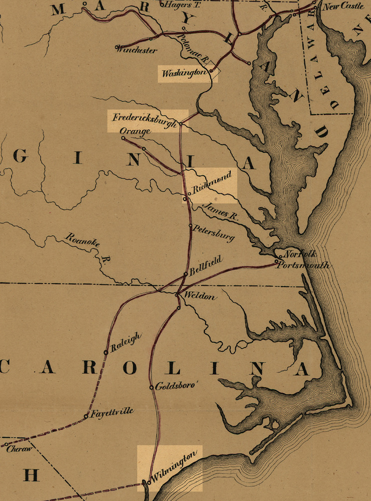 Map of train routes from North Carolina to Maryland.