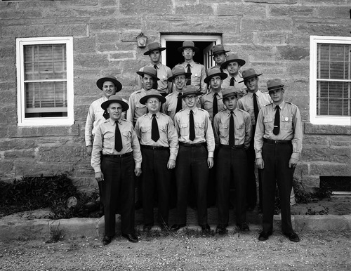 Seasonal personnel, August 1977. Park rangers and naturalists in front of ranger dorm.