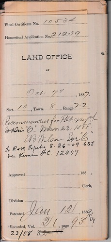 Scanned image of the back of a homestead final certificate. See description for text.