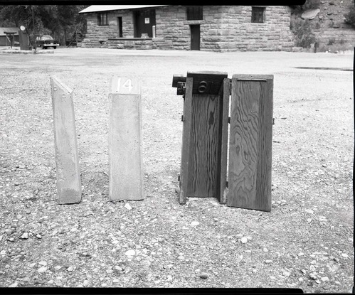 Concrete nature trail markers and forms used in making same.