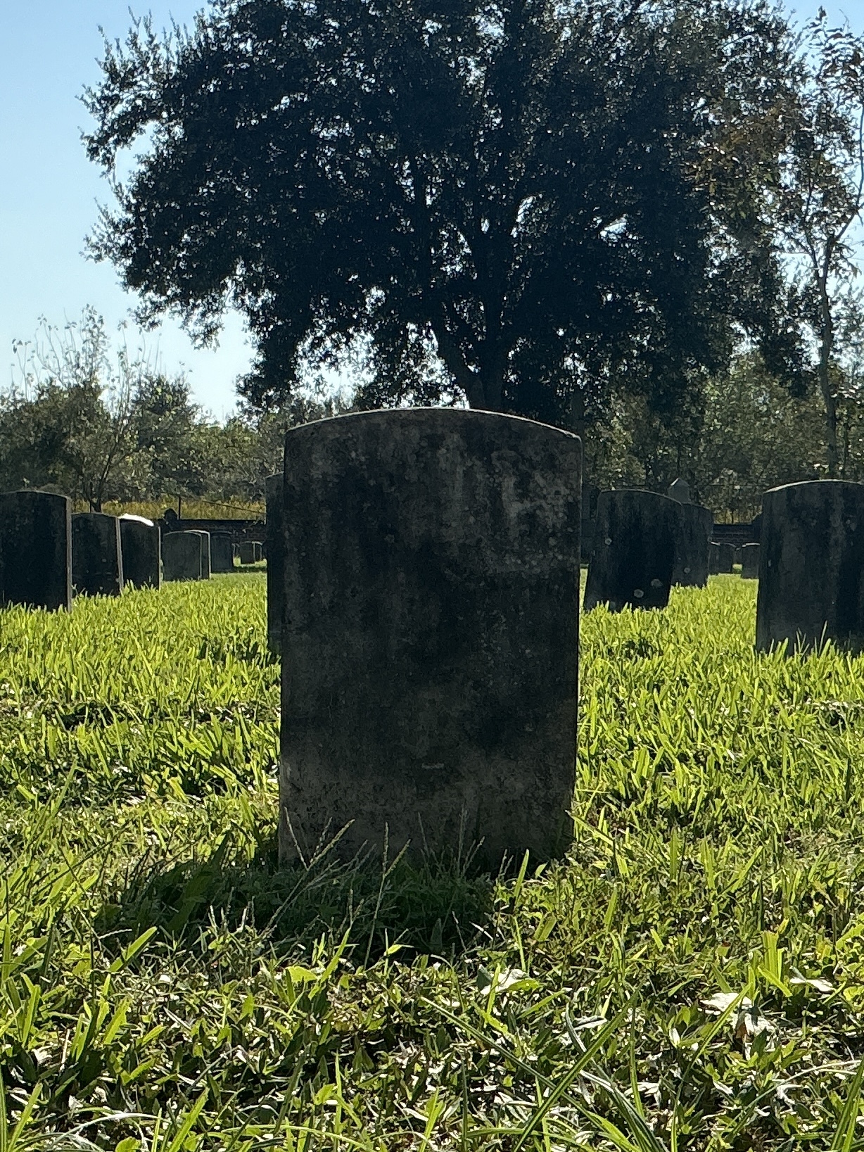 Back of historic upright marble headstone with recessed shield face.
