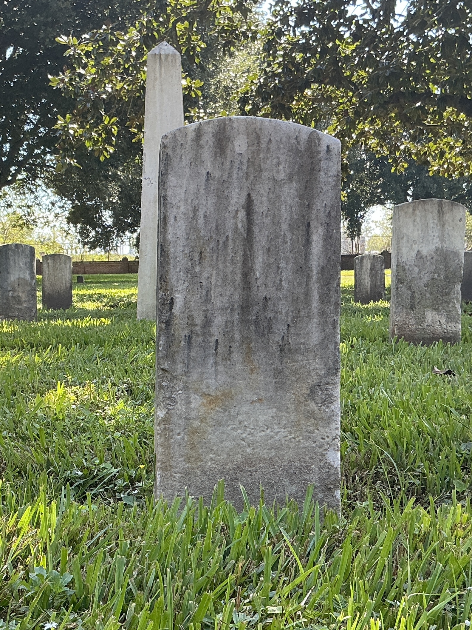 Back of historic upright marble headstone with recessed shield face.